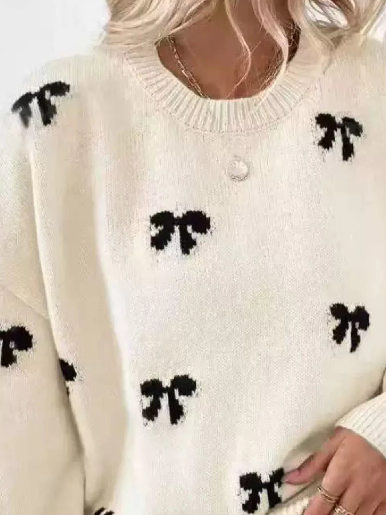 Bow Round Neck Dropped Shoulder Sweater - Bitsy Gypsy Boutique