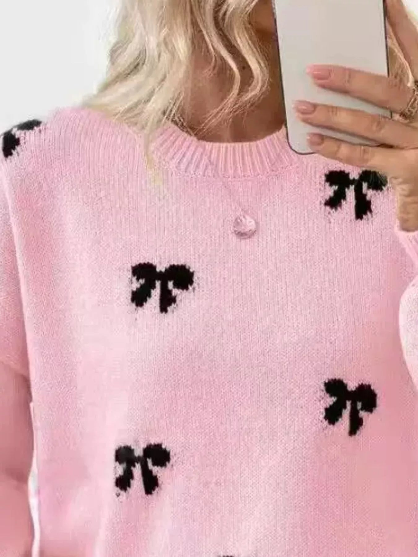 Bow Round Neck Dropped Shoulder Sweater - Bitsy Gypsy Boutique
