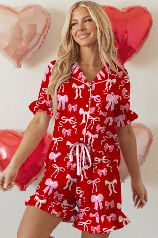 Bow Ruffle Sleeve Shirt and Shorts Pajama Set - Bitsy Gypsy Boutique