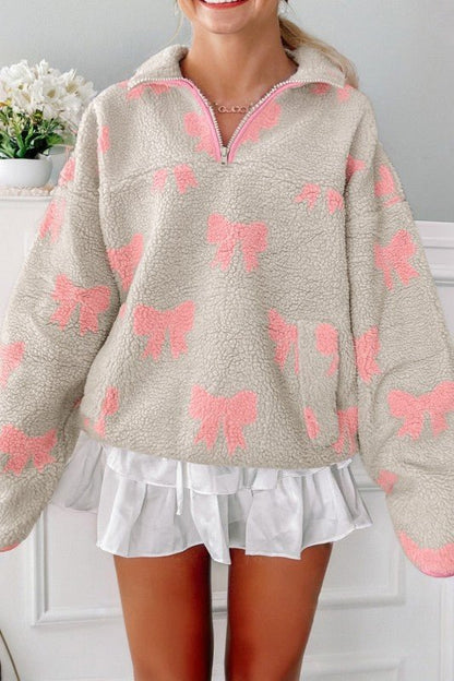 Bow Sherpa Quarter Zip Drop Shoulder Sweatshirt - Bitsy Gypsy Boutique