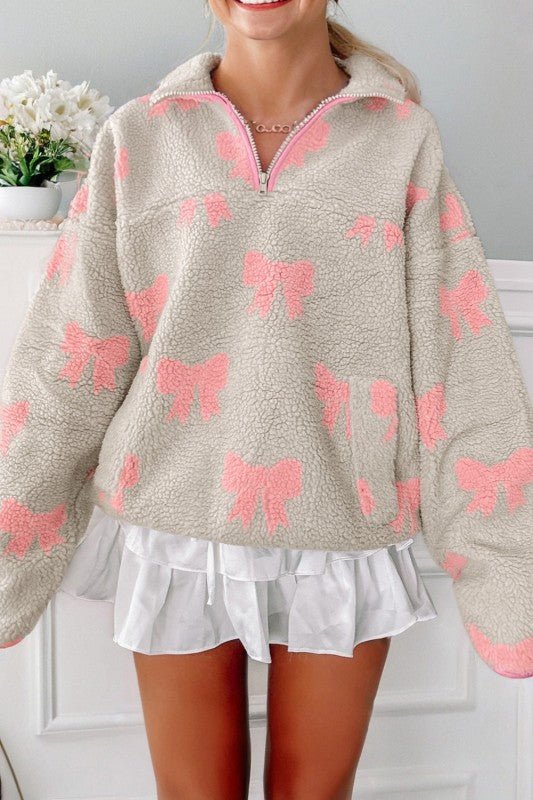 Bow Sherpa Quarter Zip Drop Shoulder Sweatshirt - Bitsy Gypsy Boutique