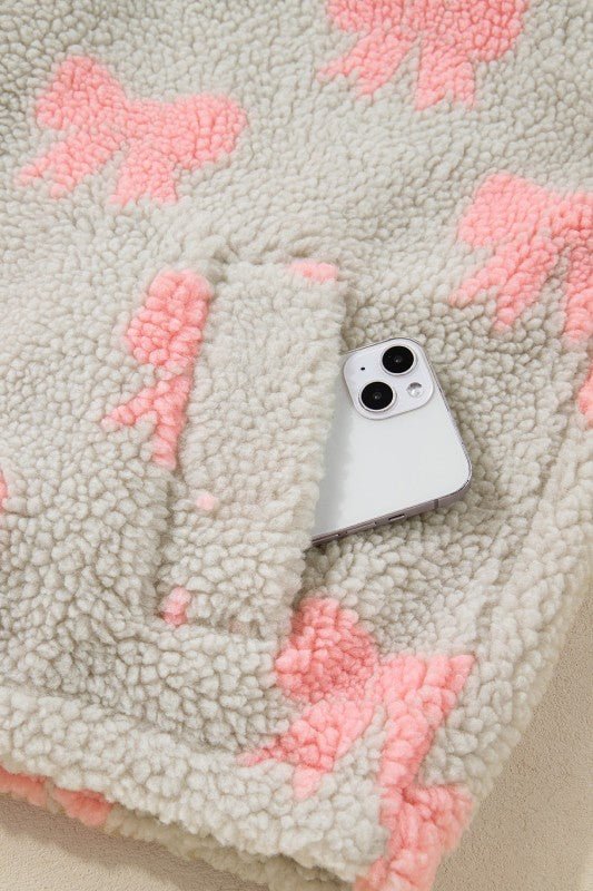 Bow Sherpa Quarter Zip Drop Shoulder Sweatshirt - Bitsy Gypsy Boutique