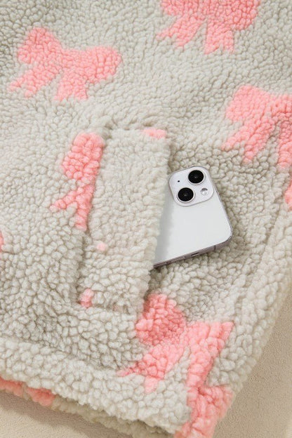 Bow Sherpa Quarter Zip Drop Shoulder Sweatshirt - Bitsy Gypsy Boutique