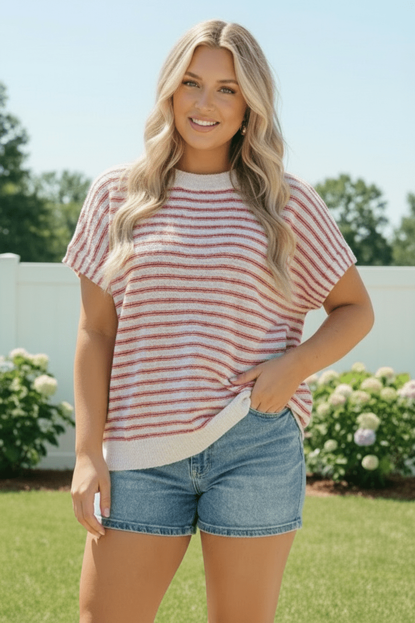 Breezy Stripe Knit Top in Ivory and Red - Bitsy Gypsy Boutique