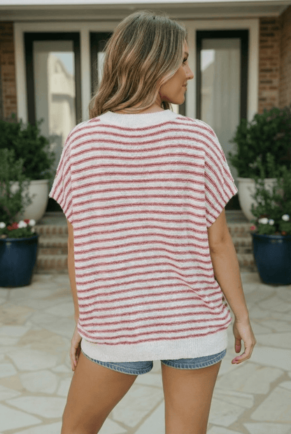 Breezy Stripe Knit Top in Ivory and Red - Bitsy Gypsy Boutique