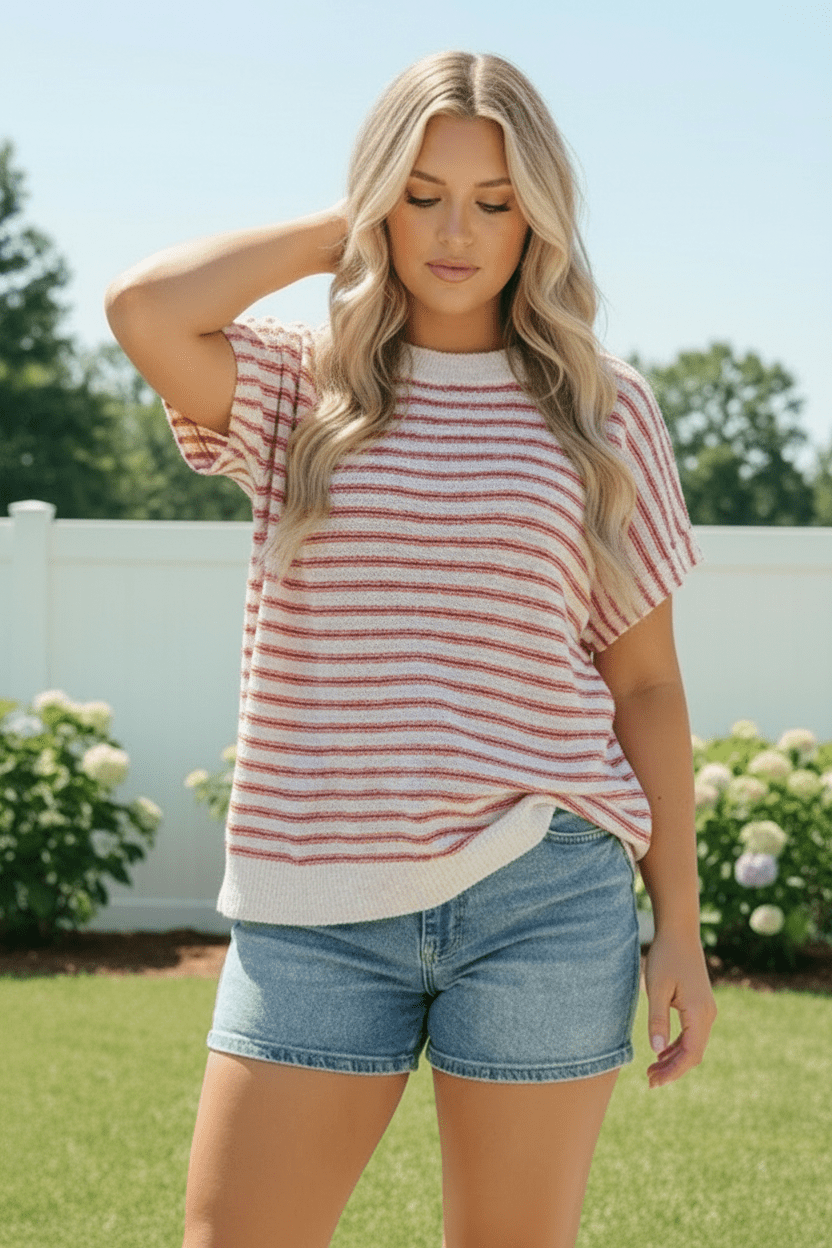 Breezy Stripe Knit Top in Ivory and Red - Bitsy Gypsy Boutique