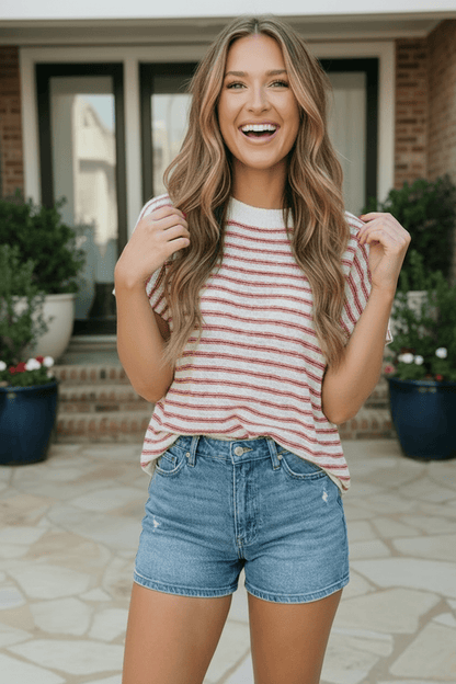 Breezy Stripe Knit Top in Ivory and Red - Bitsy Gypsy Boutique