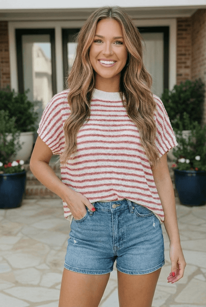 Breezy Stripe Knit Top in Ivory and Red - Bitsy Gypsy Boutique