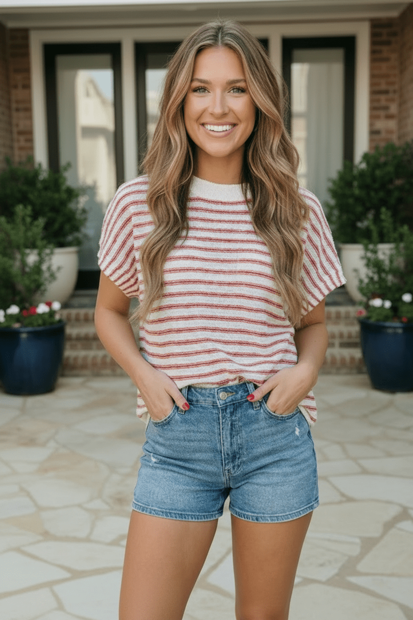 Breezy Stripe Knit Top in Ivory and Red - Bitsy Gypsy Boutique