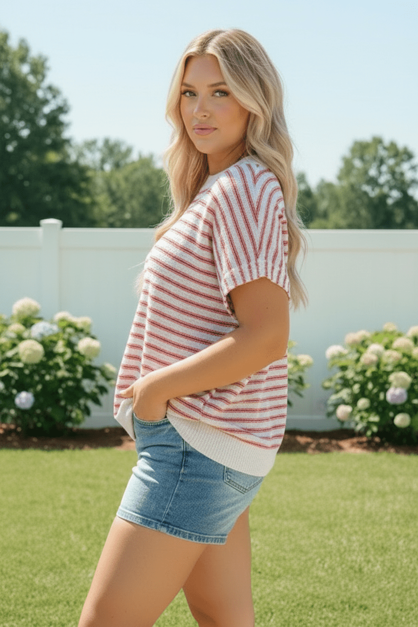 Breezy Stripe Knit Top in Ivory and Red - Bitsy Gypsy Boutique