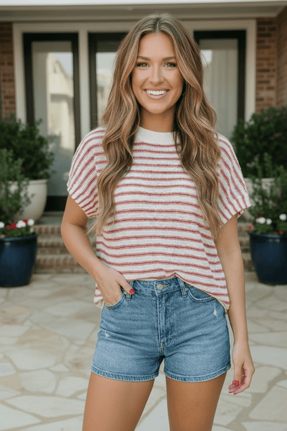 Breezy Stripe Knit Top in Ivory and Red - Bitsy Gypsy Boutique