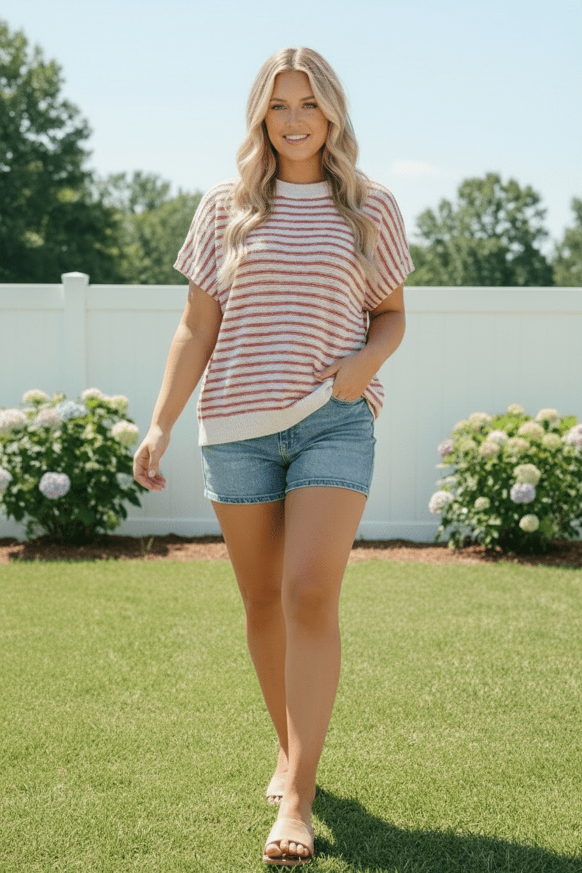 Breezy Stripe Knit Top in Ivory and Red - Bitsy Gypsy Boutique