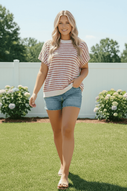 Breezy Stripe Knit Top in Ivory and Red - Bitsy Gypsy Boutique
