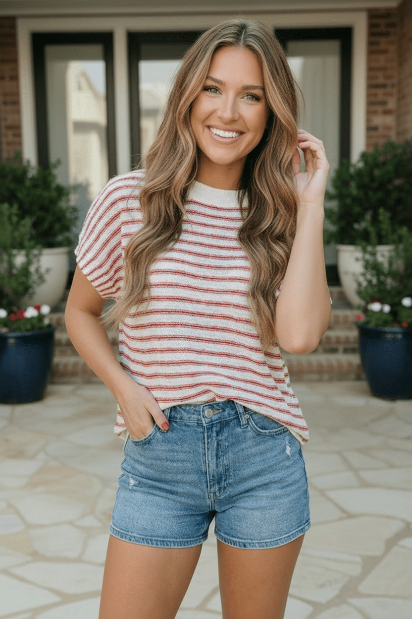 Breezy Stripe Knit Top in Ivory and Red - Bitsy Gypsy Boutique
