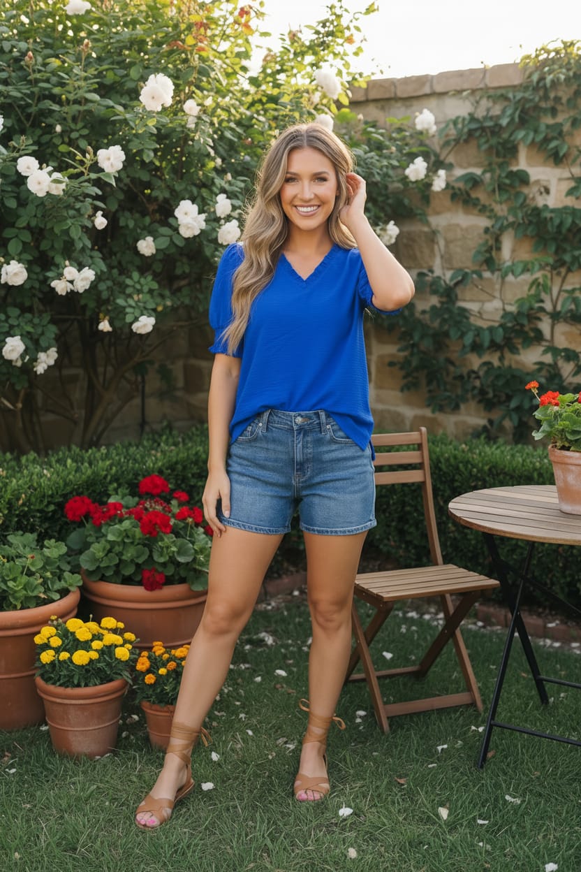 Bright Days Blue V-Neck Puff Sleeve Top - Bitsy Gypsy Boutique