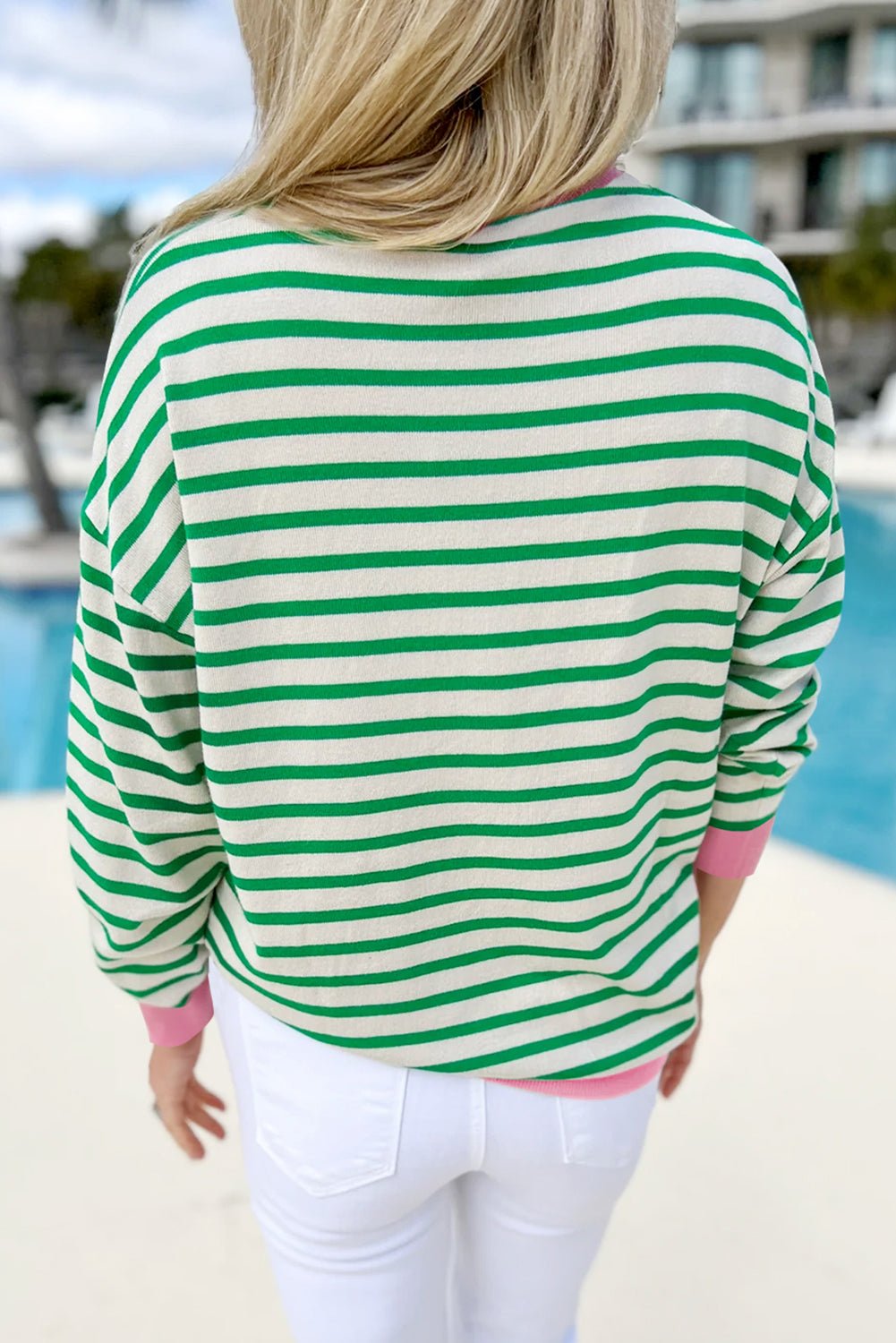 Bright Green Striped Contrast Edge Long Sleeve Top - Bitsy Gypsy Boutique