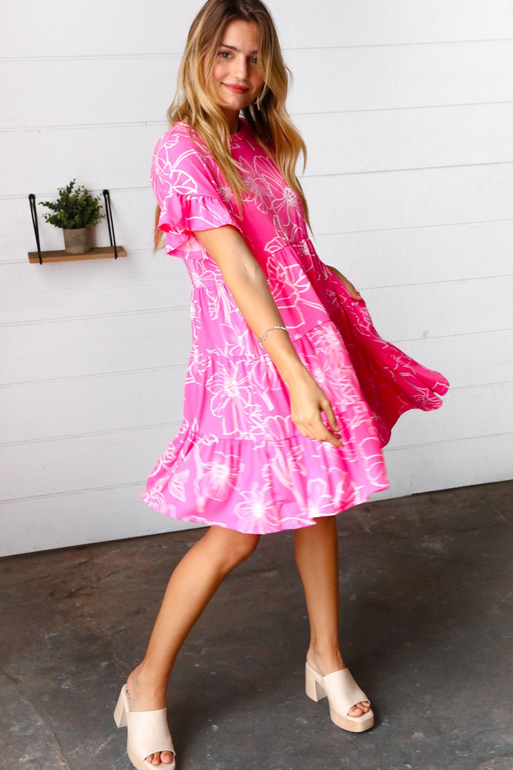 Bright Pink Floral Dolman Sleeve Babydoll Dress - Bitsy Gypsy Boutique