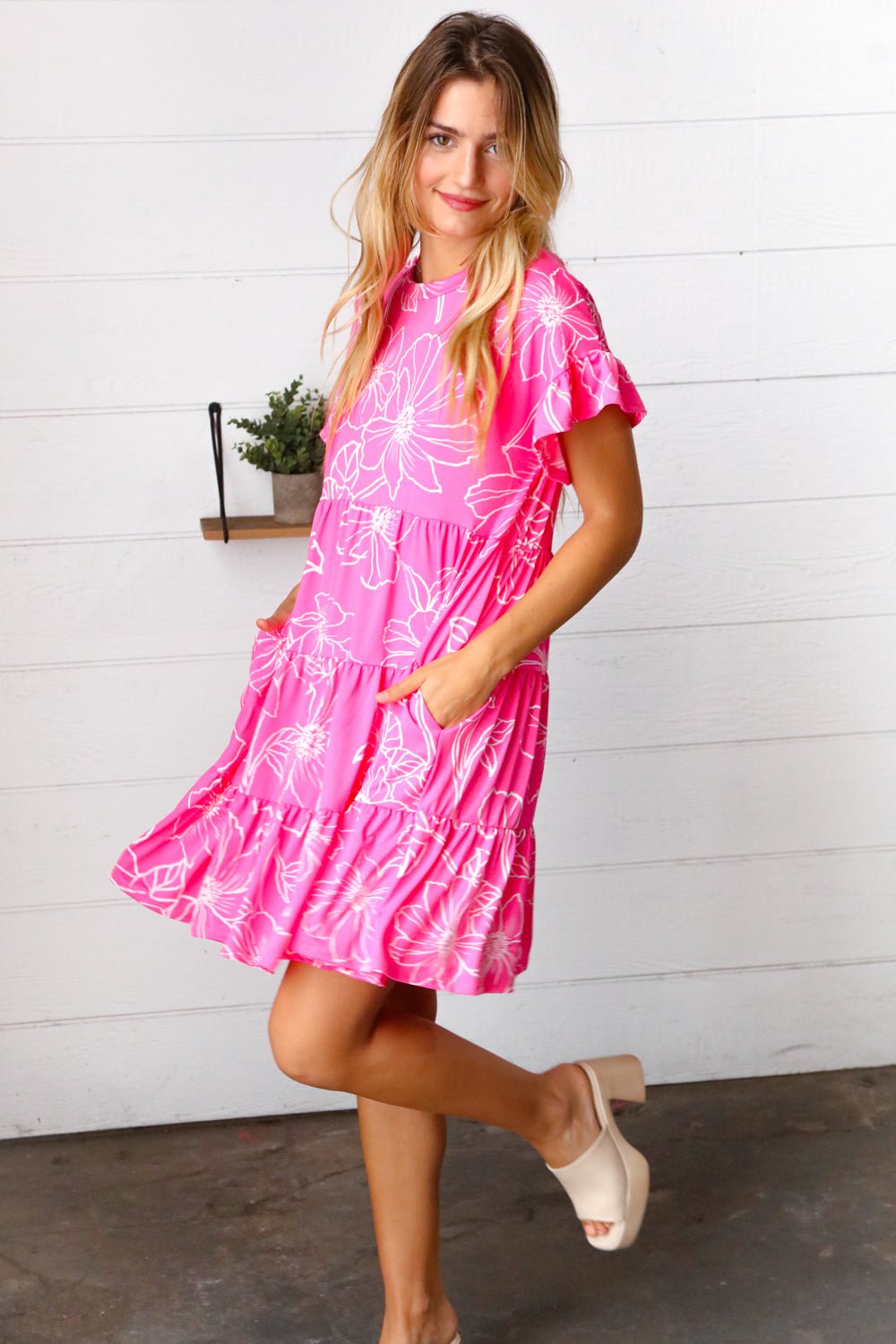 Bright Pink Floral Dolman Sleeve Babydoll Dress - Bitsy Gypsy Boutique