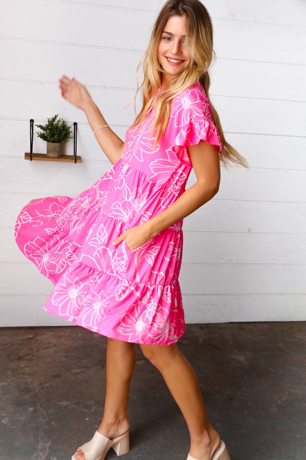 Bright Pink Floral Dolman Sleeve Babydoll Dress - Bitsy Gypsy Boutique