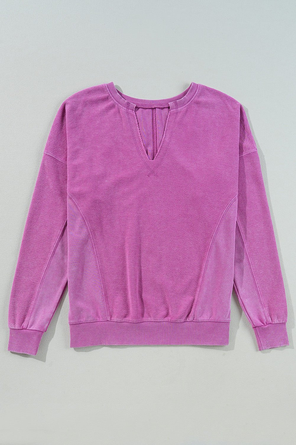 Bright Pink Solid Color Notched Neck Drop Shoulder Sweatshirt - Bitsy Gypsy Boutique