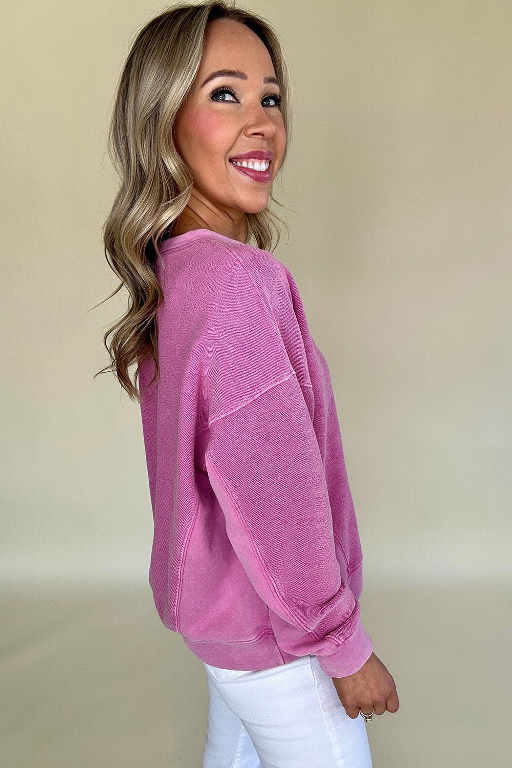 Bright Pink Solid Color Notched Neck Drop Shoulder Sweatshirt - Bitsy Gypsy Boutique