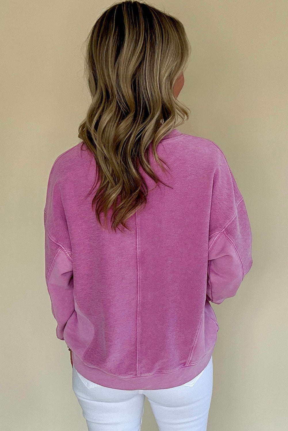 Bright Pink Solid Color Notched Neck Drop Shoulder Sweatshirt - Bitsy Gypsy Boutique