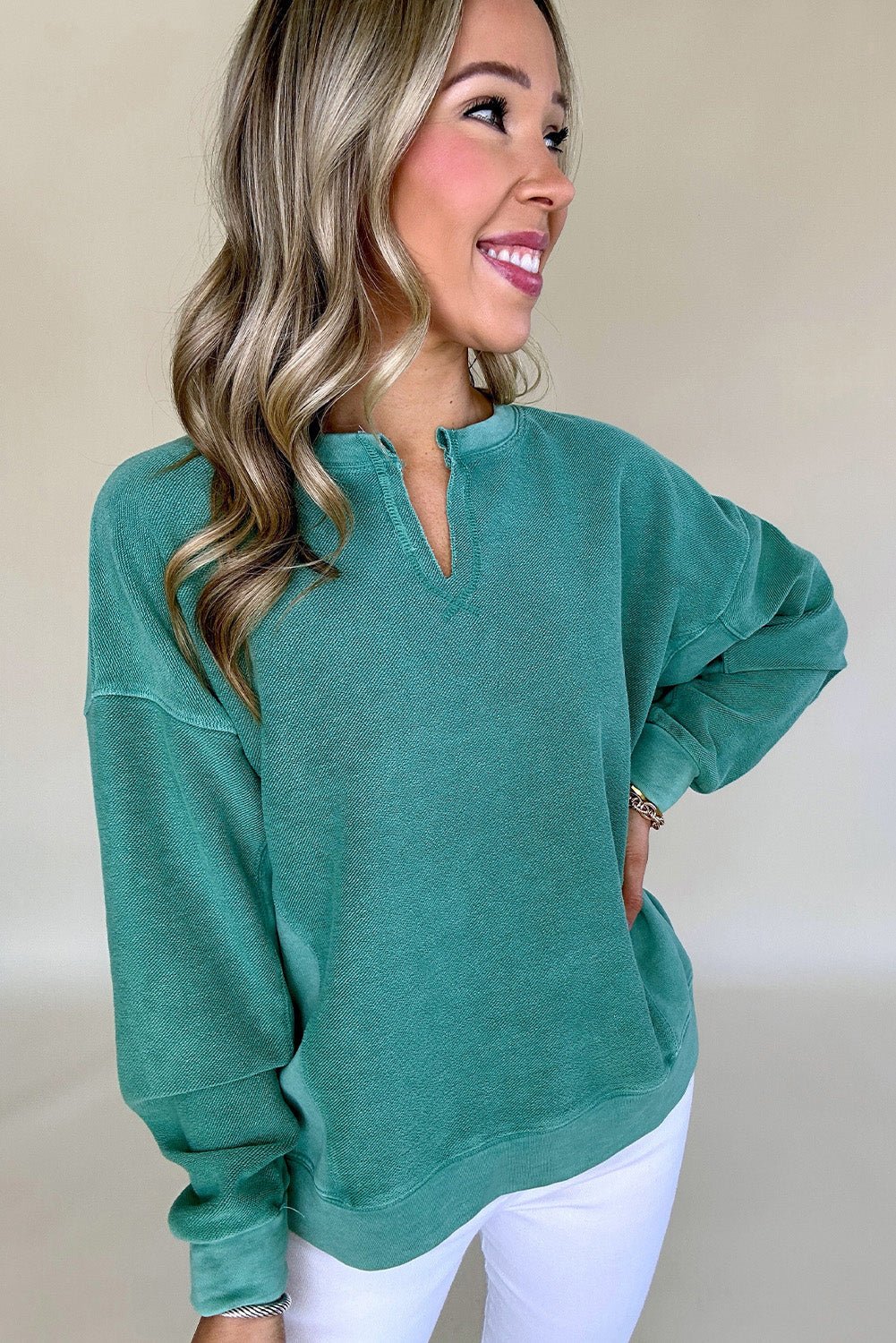 Bright Pink Solid Color Notched Neck Drop Shoulder Sweatshirt - Bitsy Gypsy Boutique