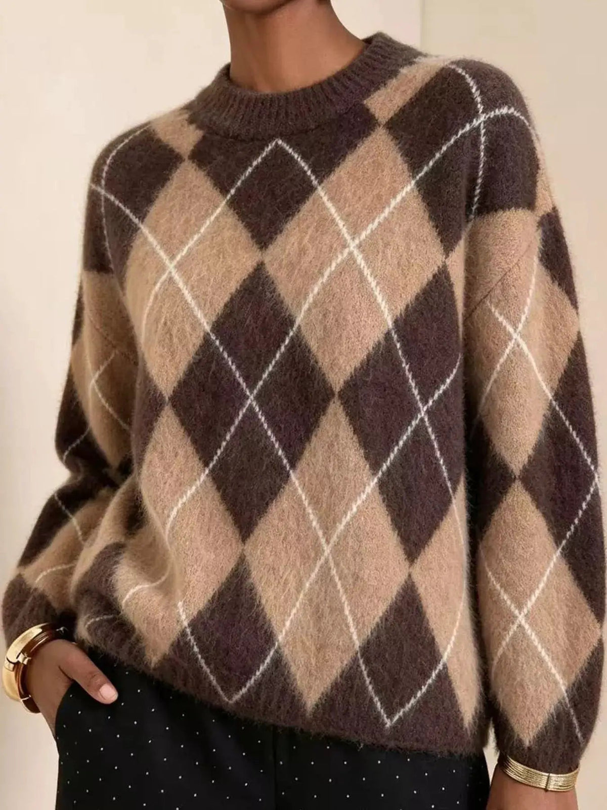 Brown Argyle Long Sleeve Ribbed Crew Neck Sweater - Bitsy Gypsy Boutique