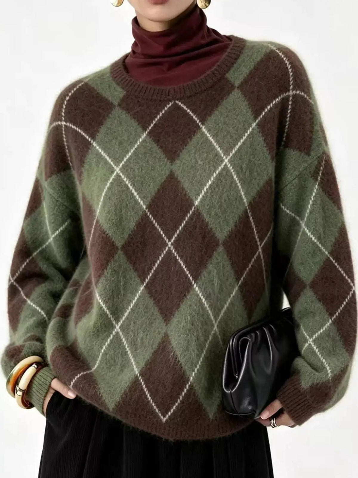 Brown Argyle Long Sleeve Ribbed Crew Neck Sweater - Bitsy Gypsy Boutique