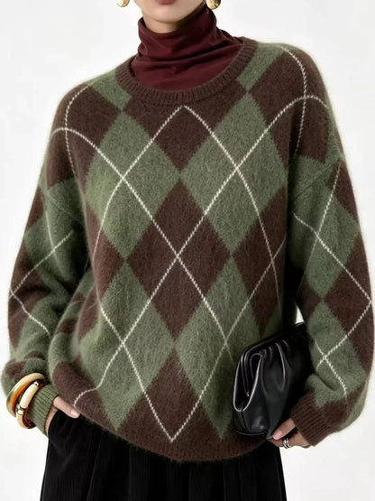 Brown Argyle Long Sleeve Ribbed Crew Neck Sweater - Bitsy Gypsy Boutique