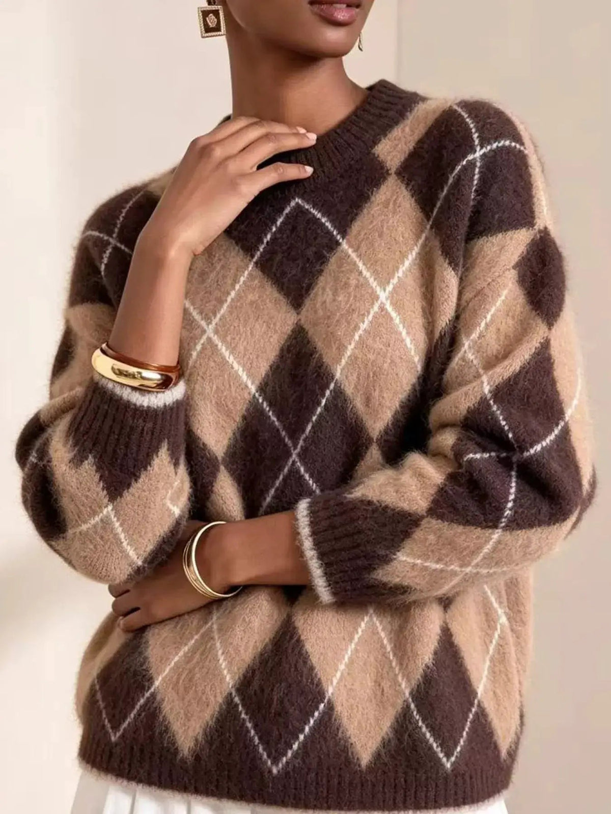 Brown Argyle Long Sleeve Ribbed Crew Neck Sweater - Bitsy Gypsy Boutique