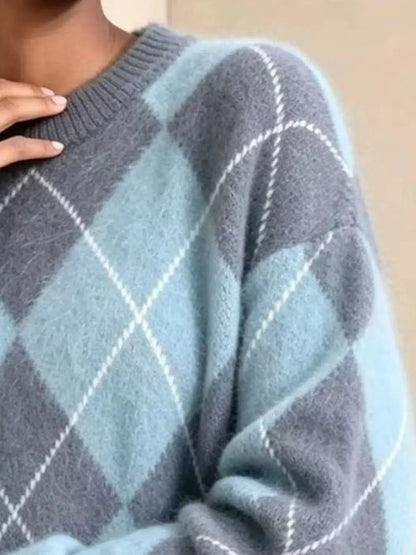Brown Argyle Long Sleeve Ribbed Crew Neck Sweater - Bitsy Gypsy Boutique