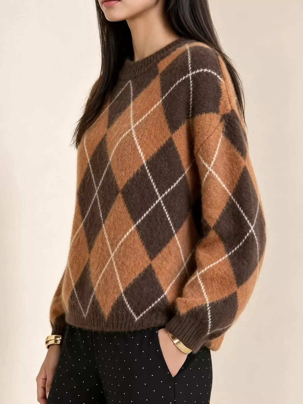 Brown Argyle Long Sleeve Ribbed Crew Neck Sweater - Bitsy Gypsy Boutique