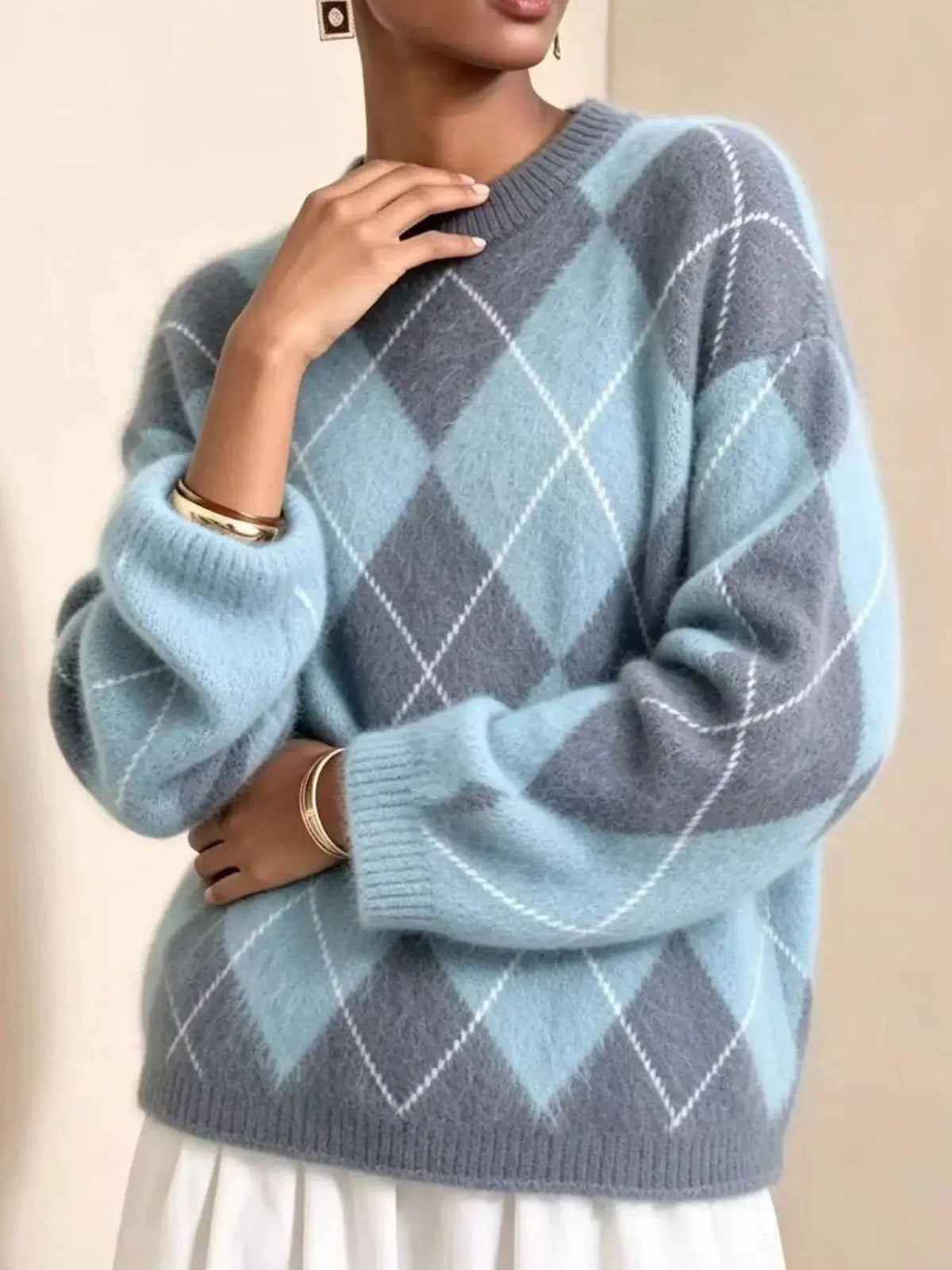 Brown Argyle Long Sleeve Ribbed Crew Neck Sweater - Bitsy Gypsy Boutique