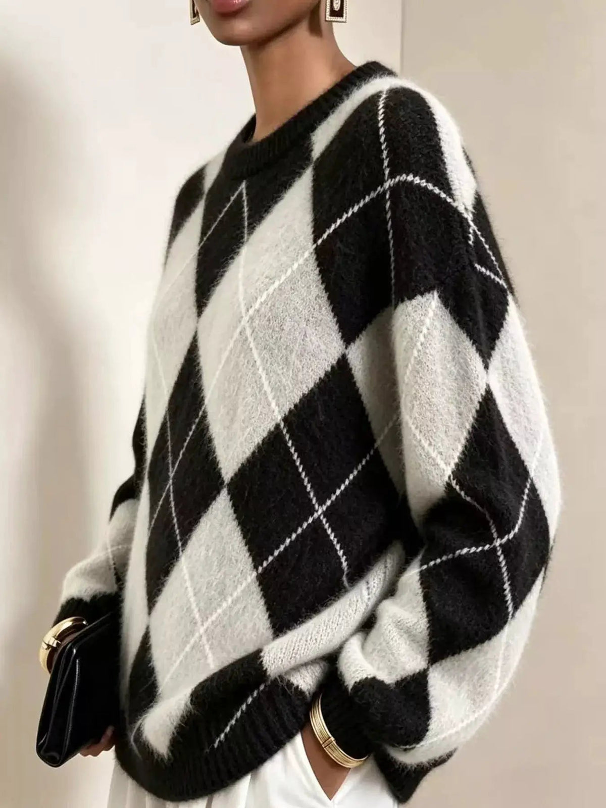 Brown Argyle Long Sleeve Ribbed Crew Neck Sweater - Bitsy Gypsy Boutique
