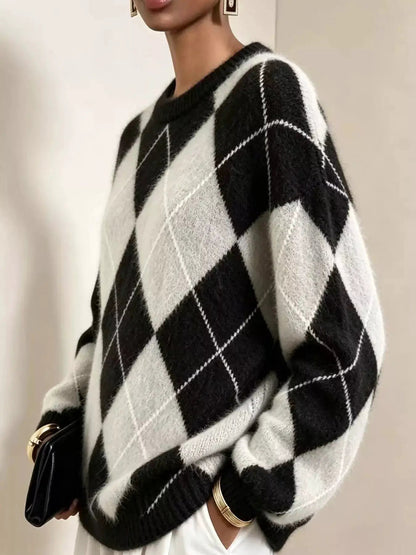 Brown Argyle Long Sleeve Ribbed Crew Neck Sweater - Bitsy Gypsy Boutique