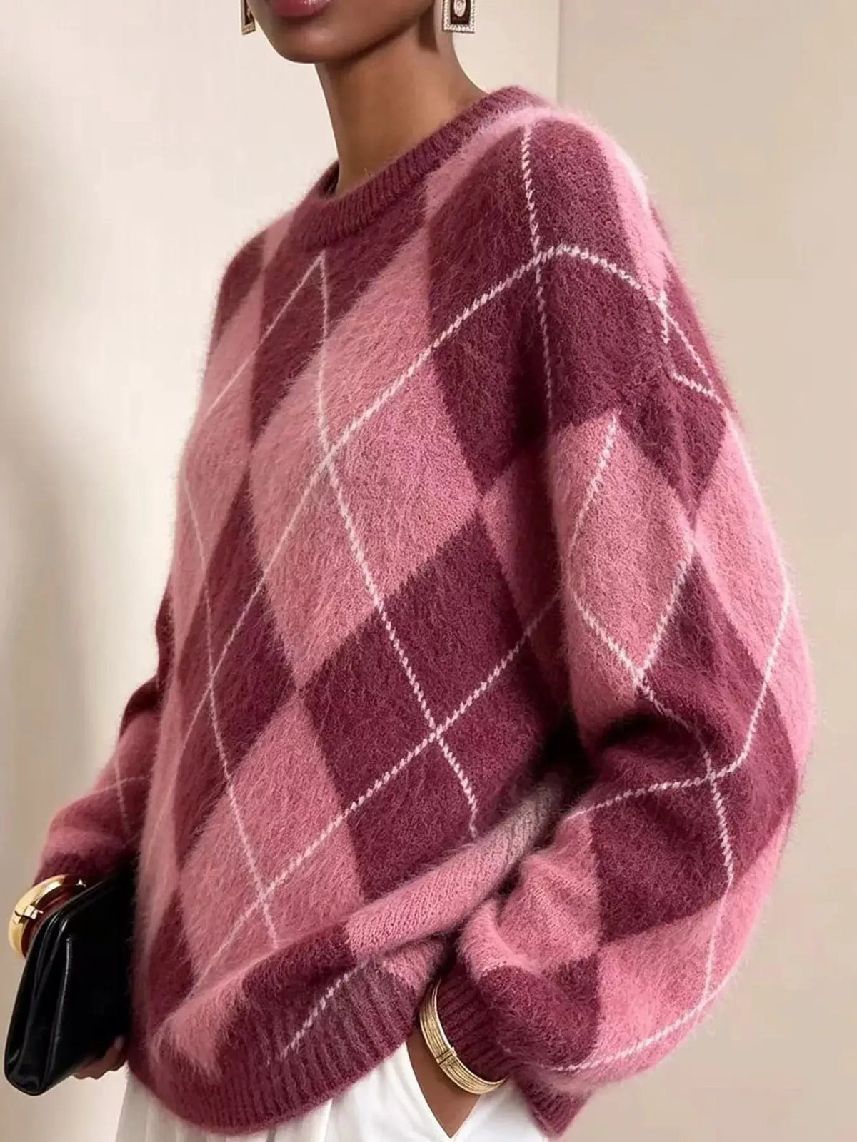 Brown Argyle Long Sleeve Ribbed Crew Neck Sweater - Bitsy Gypsy Boutique