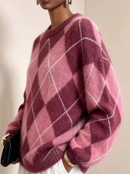 Brown Argyle Long Sleeve Ribbed Crew Neck Sweater - Bitsy Gypsy Boutique