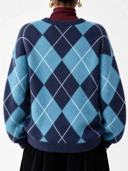 Brown Argyle Long Sleeve Ribbed Crew Neck Sweater - Bitsy Gypsy Boutique