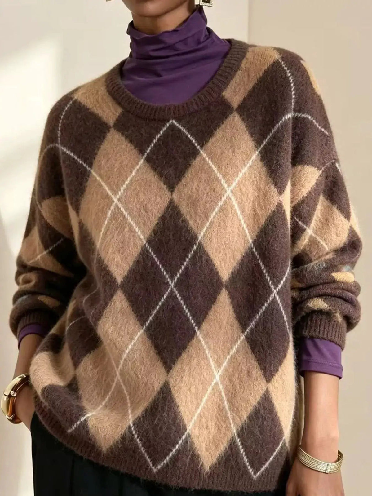 Brown Argyle Long Sleeve Ribbed Crew Neck Sweater - Bitsy Gypsy Boutique