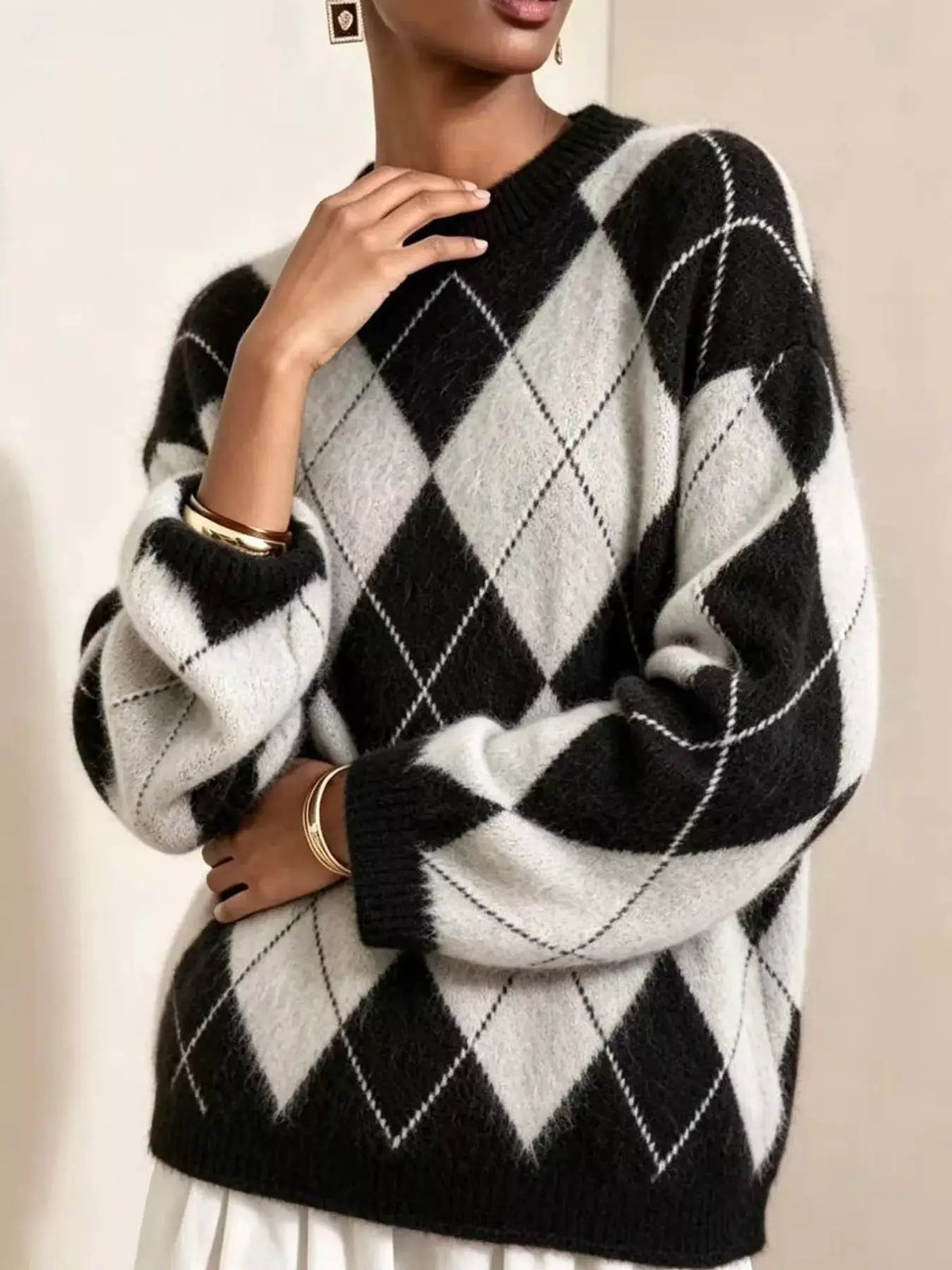 Brown Argyle Long Sleeve Ribbed Crew Neck Sweater - Bitsy Gypsy Boutique