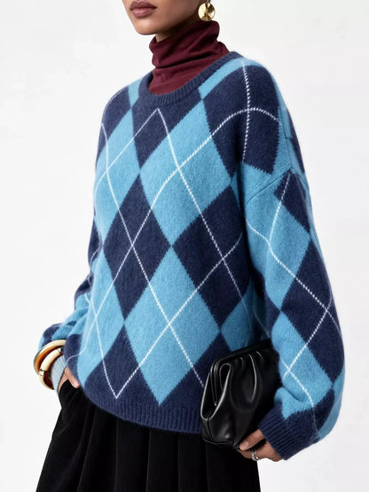 Brown Argyle Long Sleeve Ribbed Crew Neck Sweater - Bitsy Gypsy Boutique