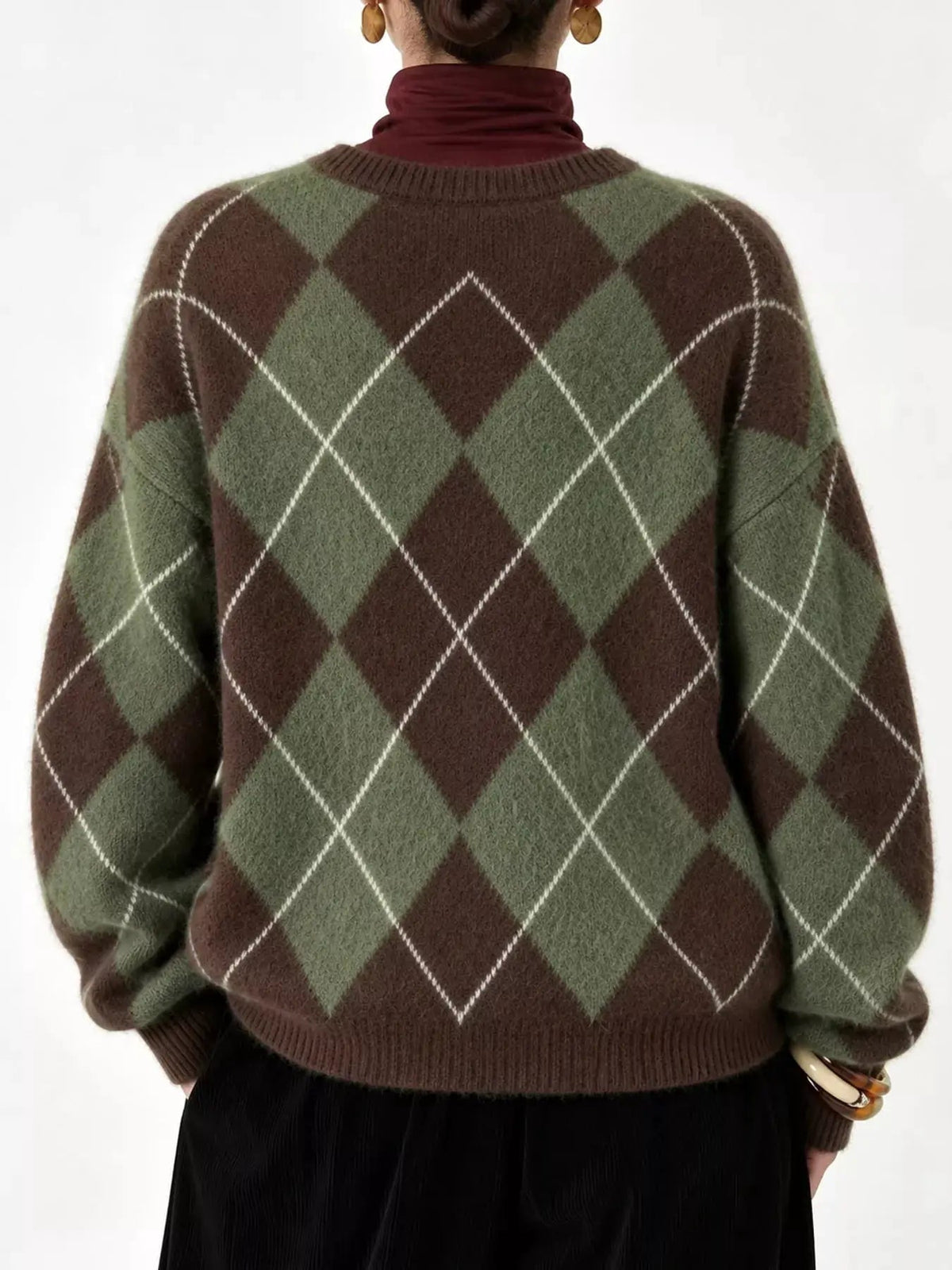 Brown Argyle Long Sleeve Ribbed Crew Neck Sweater - Bitsy Gypsy Boutique