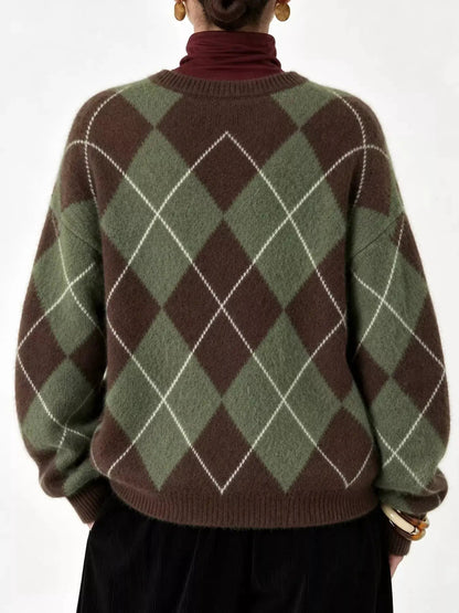 Brown Argyle Long Sleeve Ribbed Crew Neck Sweater - Bitsy Gypsy Boutique