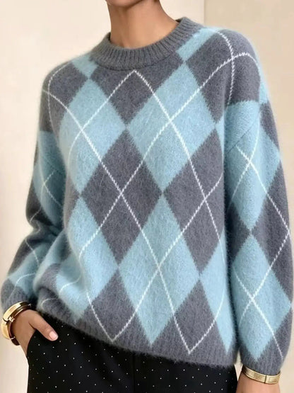 Brown Argyle Long Sleeve Ribbed Crew Neck Sweater - Bitsy Gypsy Boutique