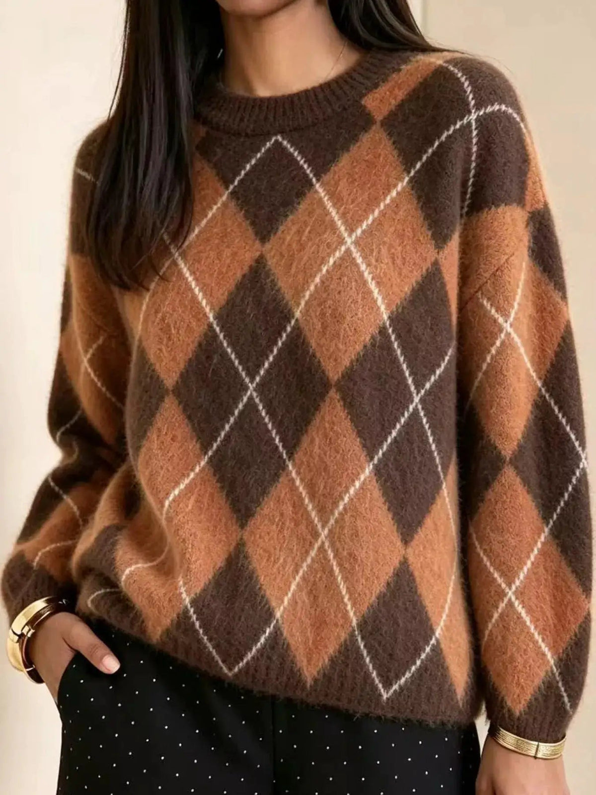 Brown Argyle Long Sleeve Ribbed Crew Neck Sweater - Bitsy Gypsy Boutique
