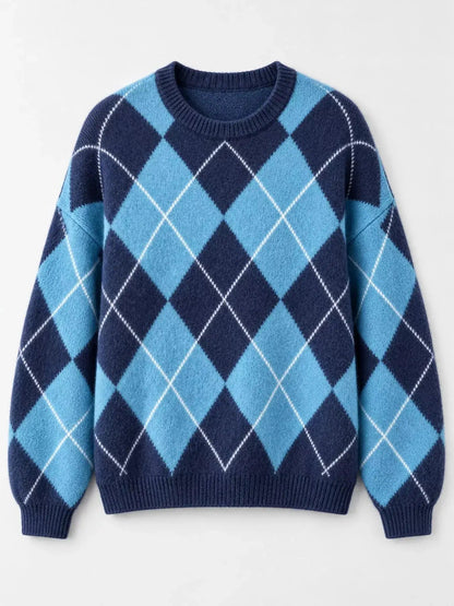 Brown Argyle Long Sleeve Ribbed Crew Neck Sweater - Bitsy Gypsy Boutique