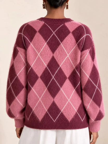 Brown Argyle Long Sleeve Ribbed Crew Neck Sweater - Bitsy Gypsy Boutique