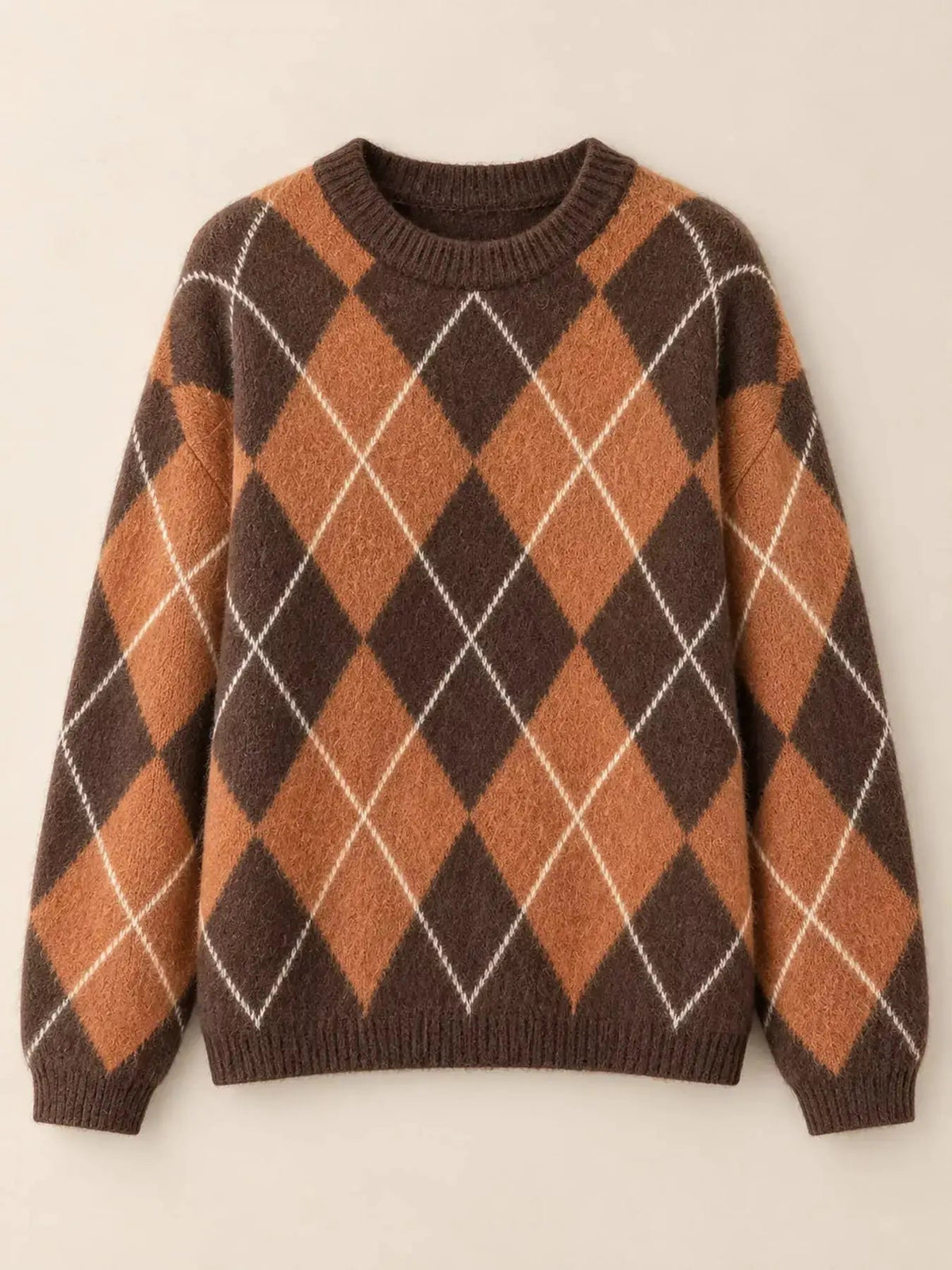 Brown Argyle Long Sleeve Ribbed Crew Neck Sweater - Bitsy Gypsy Boutique