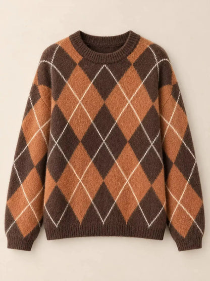 Brown Argyle Long Sleeve Ribbed Crew Neck Sweater - Bitsy Gypsy Boutique